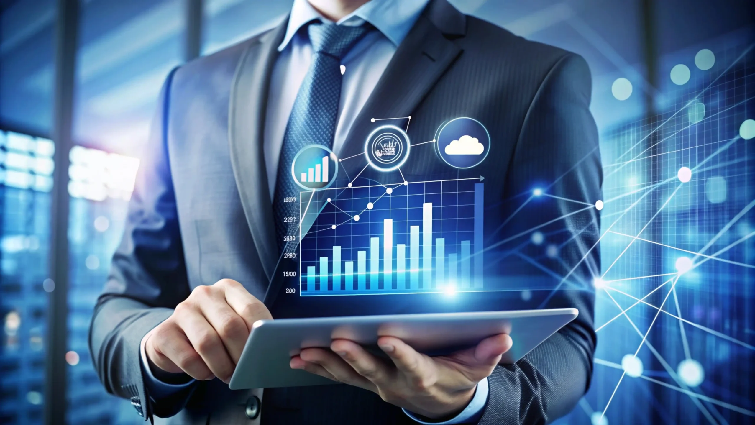 businessman using tablet with digital graphics 11zon